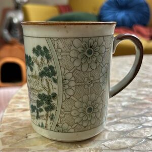 Vintage Japanese Speckled Stoneware Mug, Geometric & Landscape Motifs